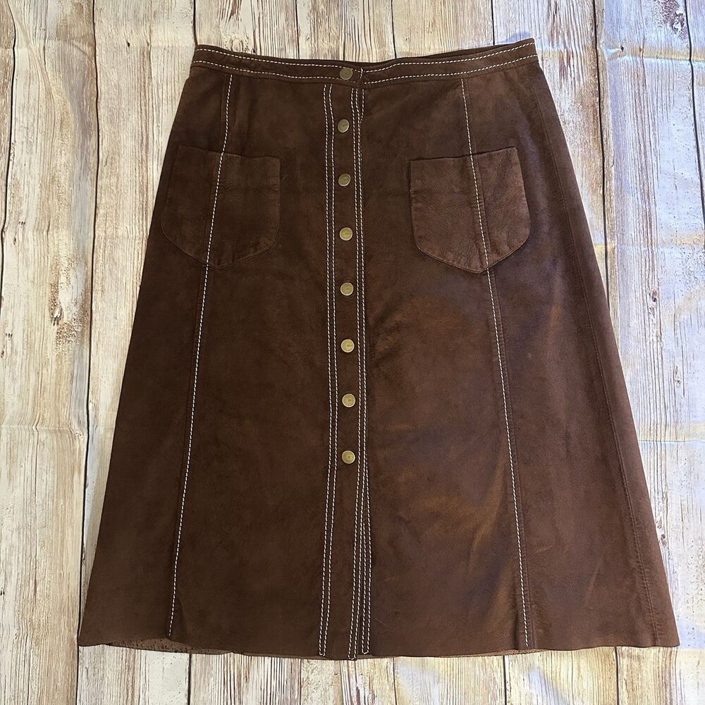 BCBG Max Azria Brown Leather Snap Front Skirt Sz 4